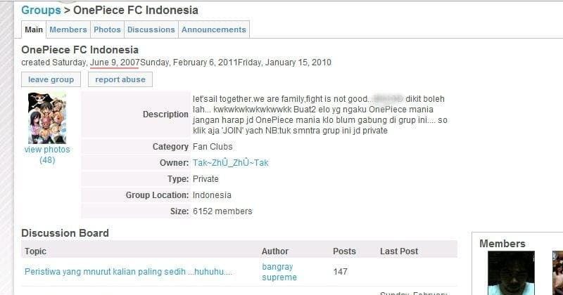 Grup komunitas Friendster. (Friendster/One Piece Fans Club Indonesia)