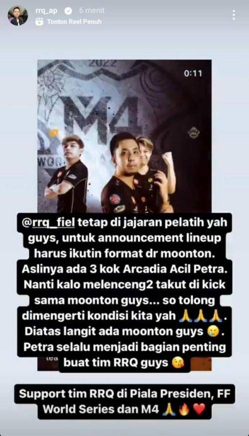 Klarifikasi RRQ AP soal status Fiel sebagai coach. (ONE Esports)