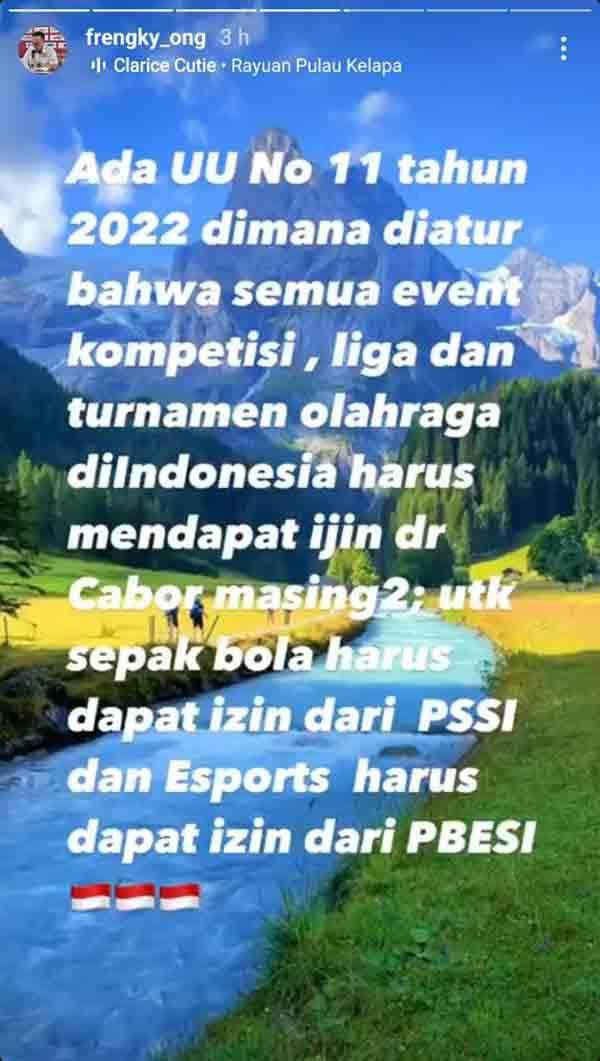 Story Instagram @frengky_ong, Senin (30/1/2023).