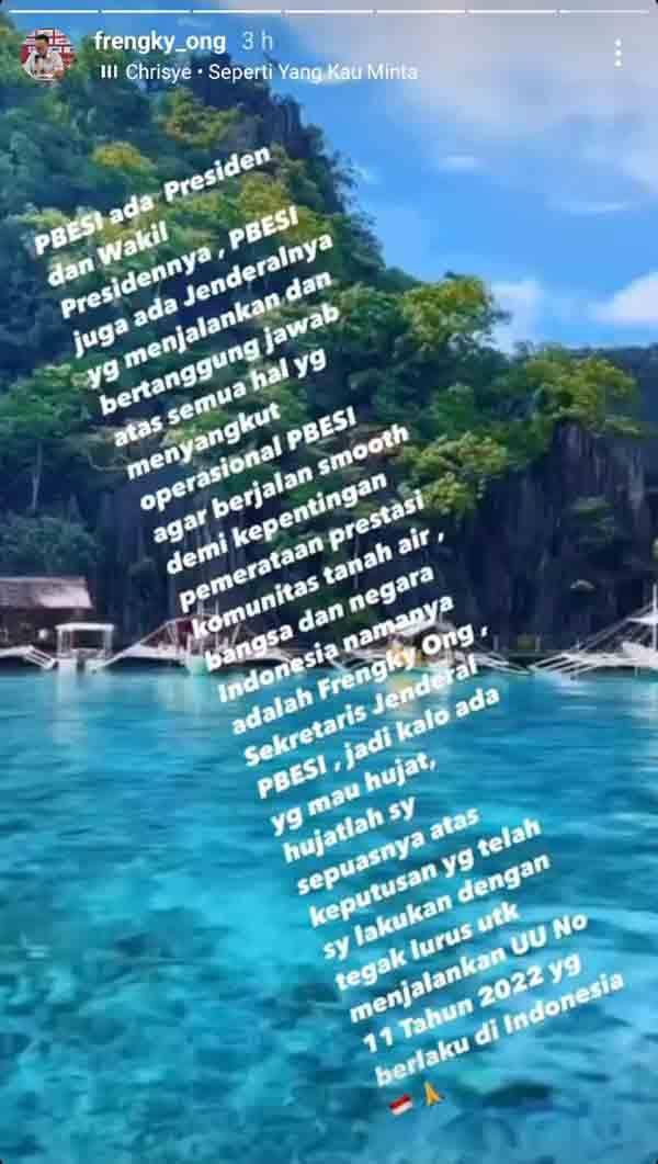 Story Instagram @frengky_ong, Senin (30/1/2023).