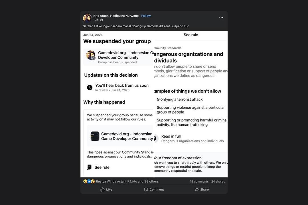 Kris Antoni, CEO Toge Productions melaporkan hilangnya grup GamedevID. (Facebook.com/Kris Antoni)