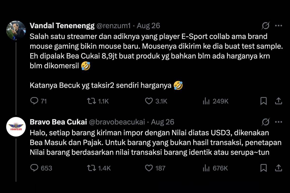 Penjelasan Bea Cukai seputar pajak untuk mouse Xccurate-f0rsaken. (x.com/Vandal Tenenengg)