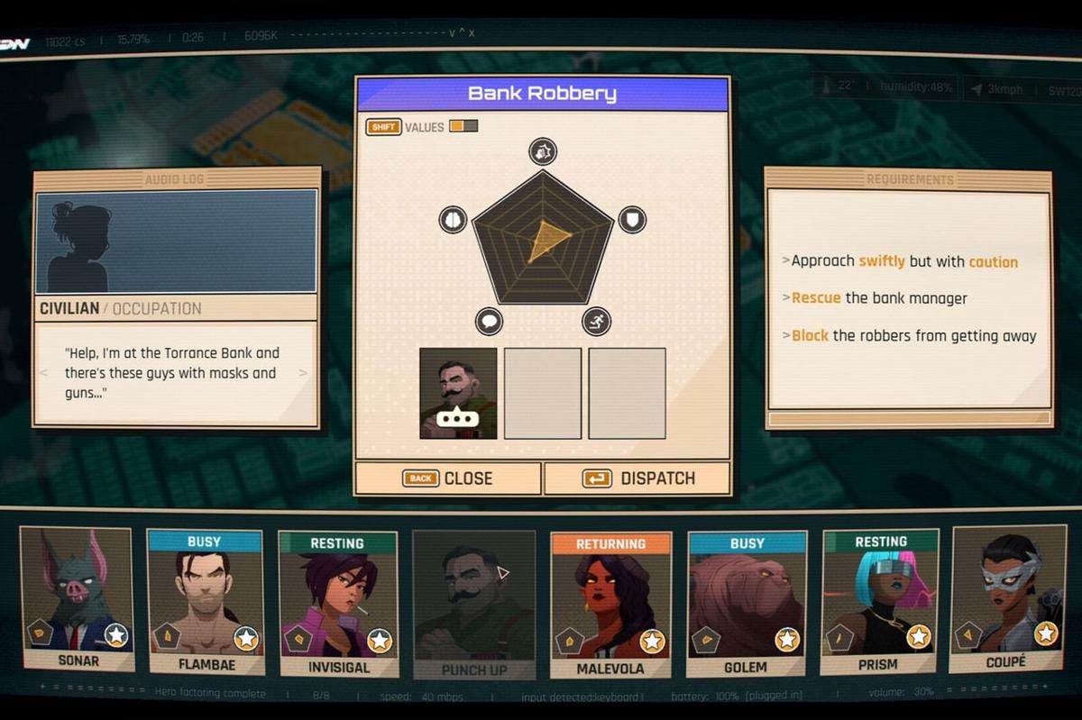 Tentukan superhero mana yang cocok untuk menangani setiap misi. (Steam)