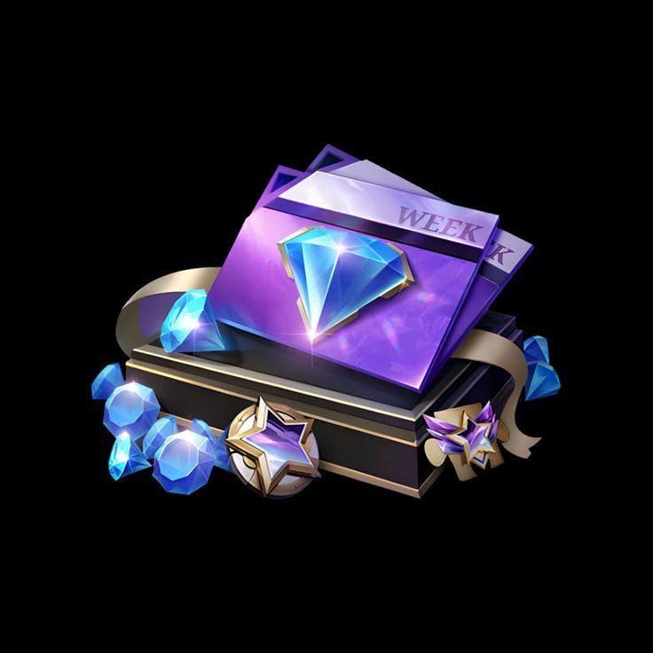 Ilustrasi paket diamond Mobile Legends dengan ikon permata biru dan hadiah mingguan.