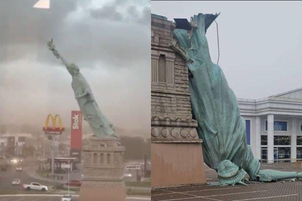 Detik-detik Patung Liberty Roboh Dihantam Badai di Brasil