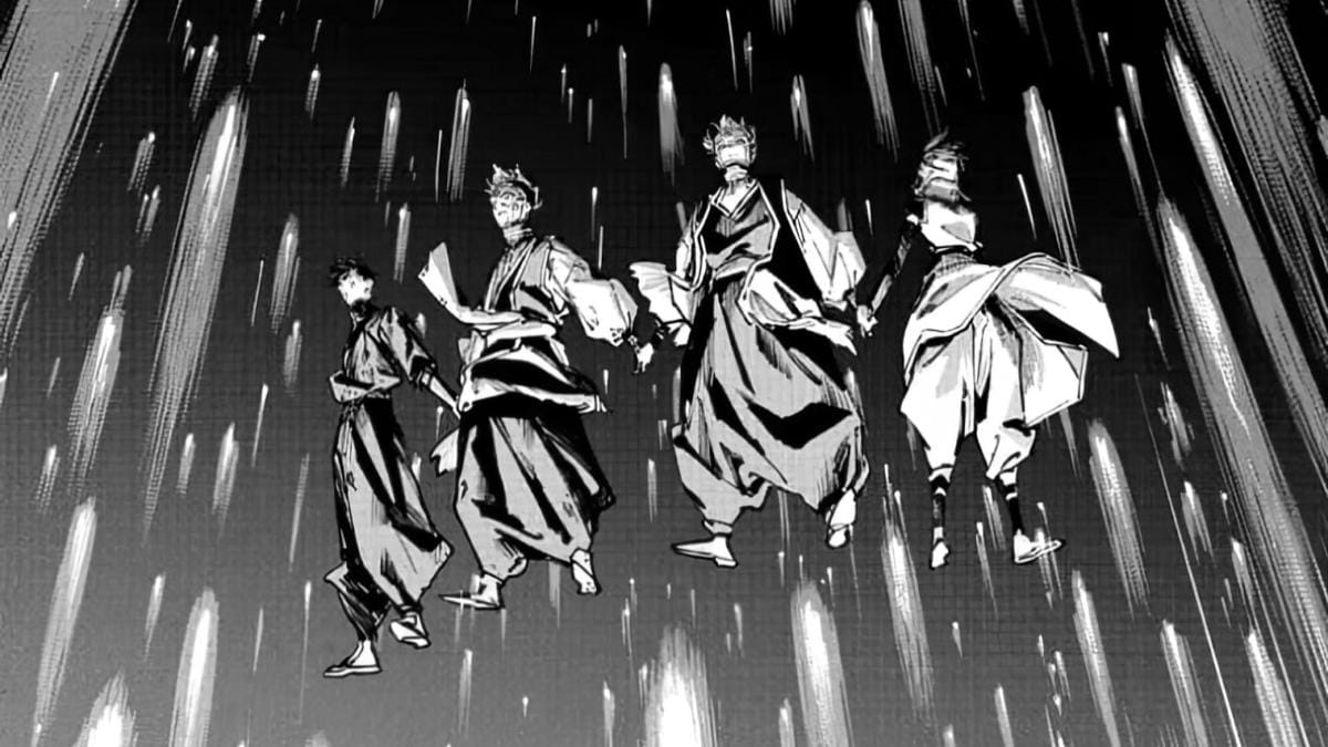 Maru menjalankan ritual bersama Cross, Tsurugi, dan Yuka. (Manga Plus)