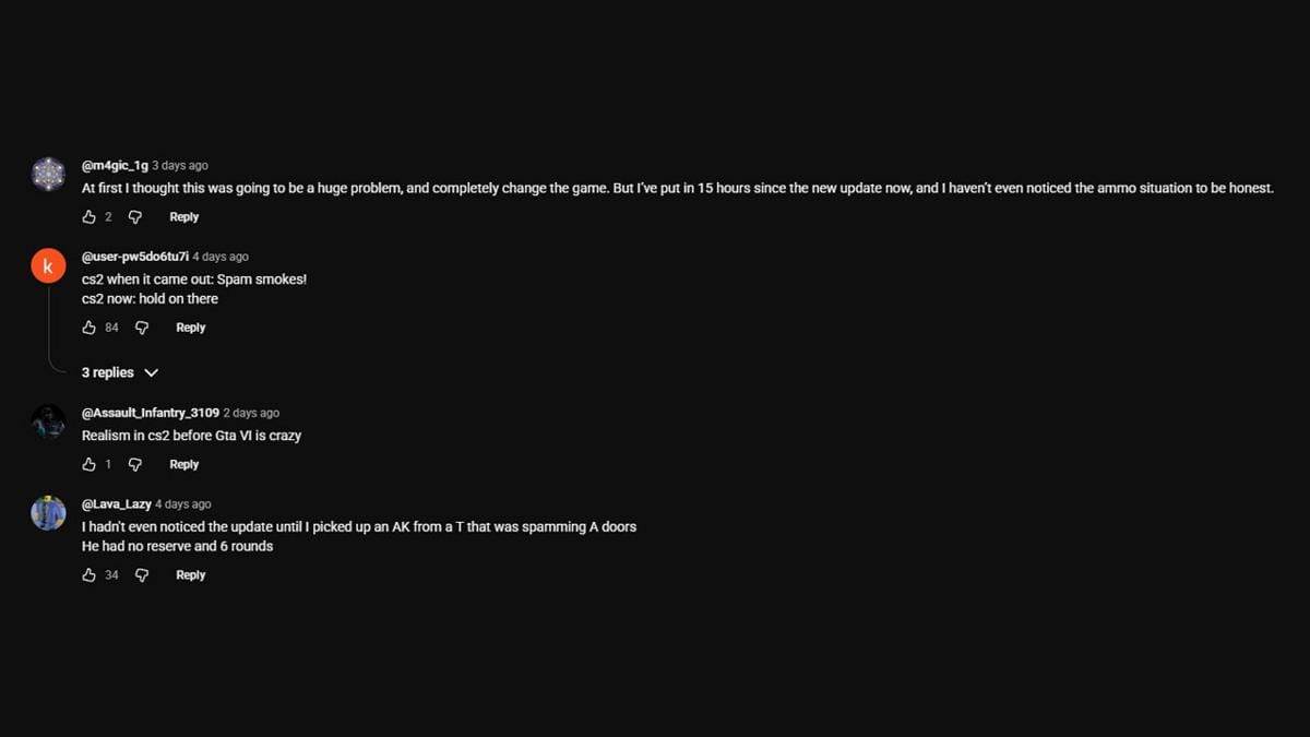 Beberapa reaksi player soal perubahan sistem reload CS2. (YouTube)