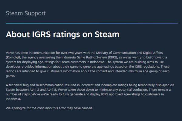 Valve Minta Maaf soal Polemik Rating IGRS di Steam, Ini Klarifikasinya