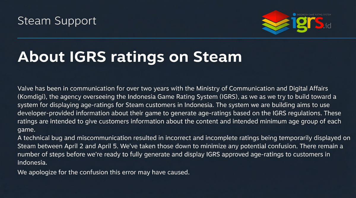 Klarifikasi Steam terkait IGRS