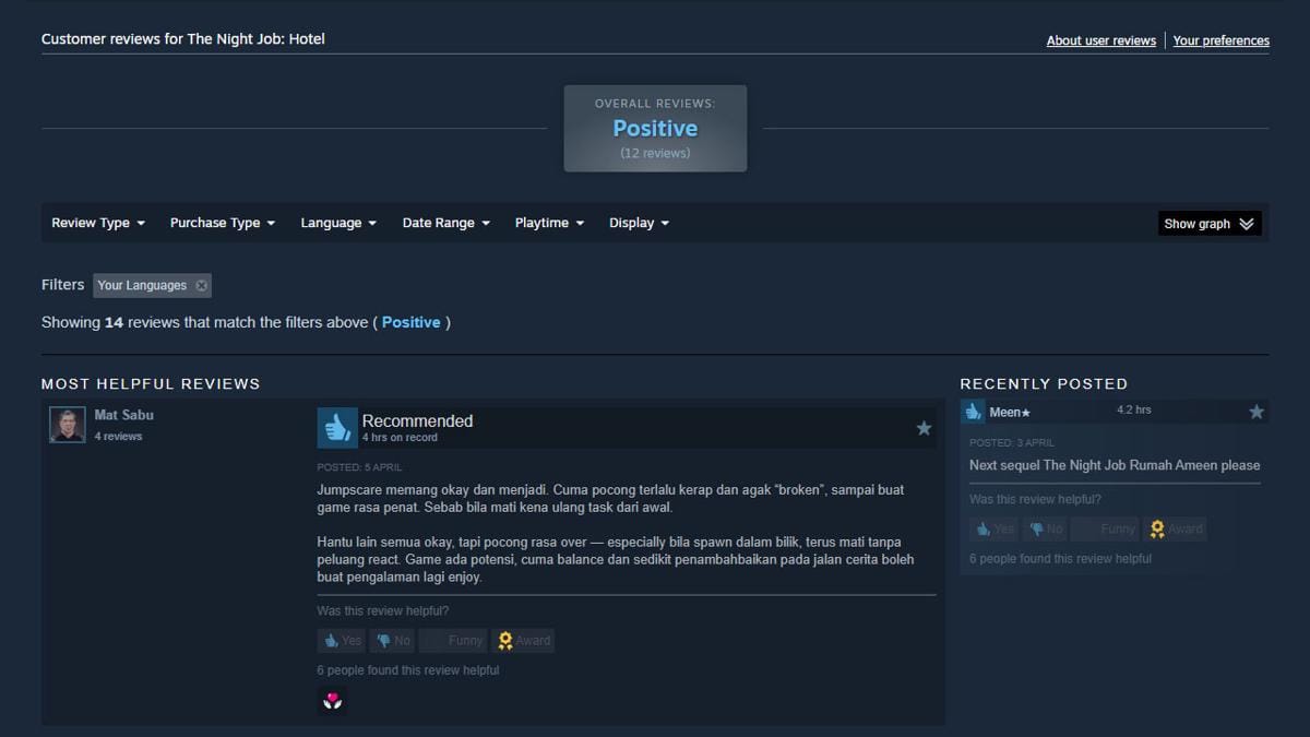 Gamer memberikan review positif dan masukan untuk The Night Job: Hotel. (Steam)