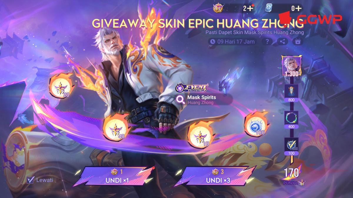 Selesaikan misi harian dan kumpulkan poin untuk mendapatkan skin Huang Zhong Mask Spirits. (Dok. GGWP)