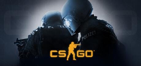 Dua karakter berseragam polisi bersenjata lengkap dengan latar gelap dan logo CS:GO berwarna kuning di bagian tengah.