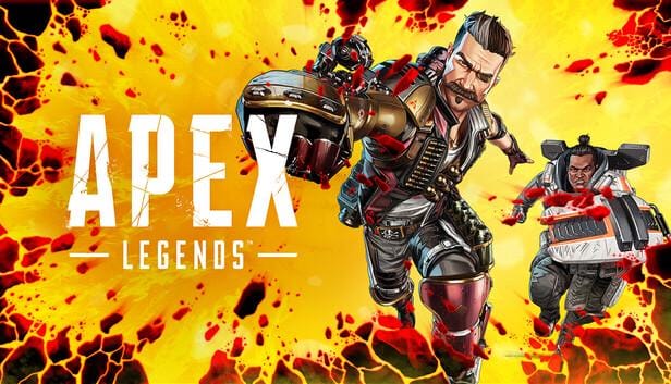 Dua karakter dari permainan Apex Legends berlari di latar belakang berwarna kuning dan oranye dengan efek ledakan yang intens.