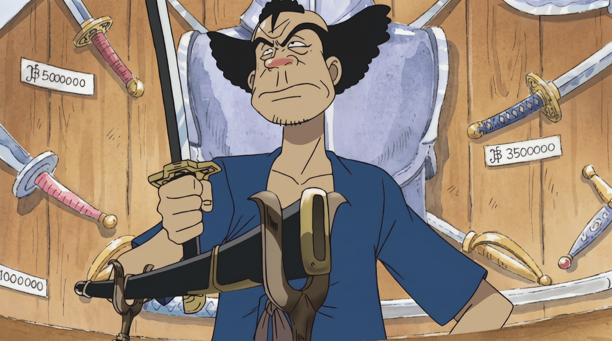Seorang karakter pria dari anime One Piece memegang pedang di toko senjata dengan berbagai katana yang dipajang di dinding kayu.