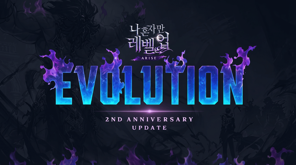 Poster promosi Solo Leveling: Arise bertema Evolution untuk perayaan ulang tahun kedua dengan nuansa api ungu dan biru.