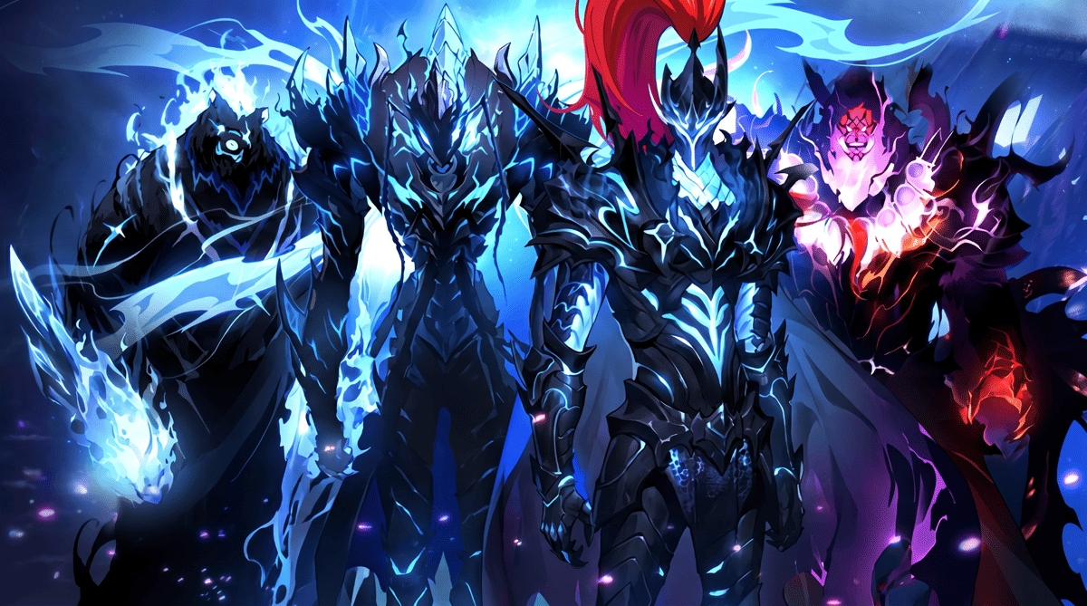Empat karakter bayangan berzirah hitam dengan aura biru dan merah bercahaya dari game Solo Leveling: Arise karya Netmarble.