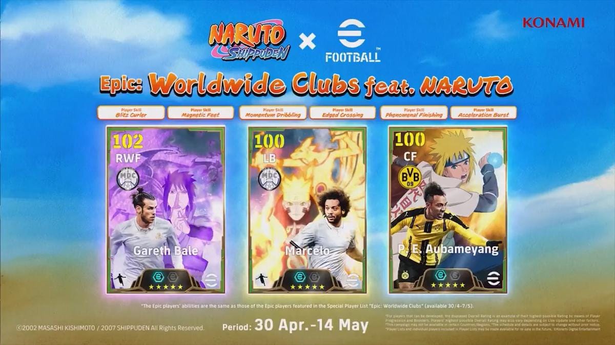 Kolaborasi eFootball dan Naruto Shippuden menampilkan kartu pemain epik Gareth Bale, Marcelo, dan Aubameyang dengan latar karakter anime.