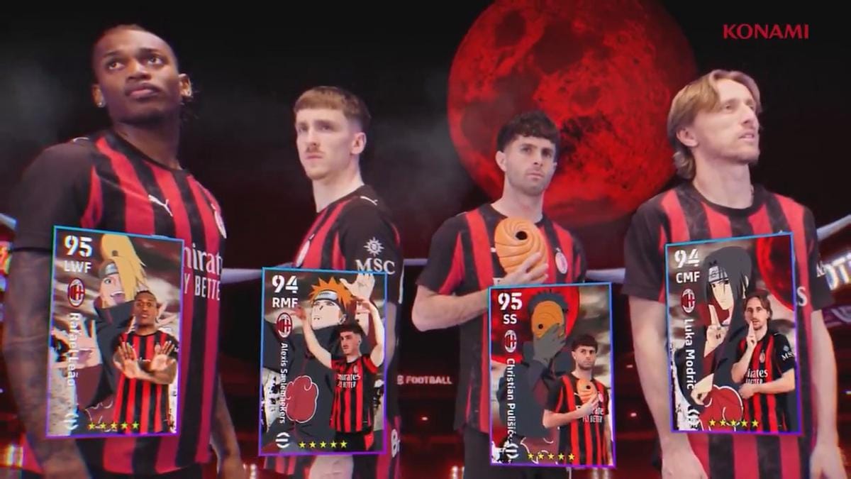 Pemain AC Milan mengenakan jersey merah hitam berdiri di depan latar bulan merah dengan kartu karakter Akatsuki dari anime Naruto di depan mereka.