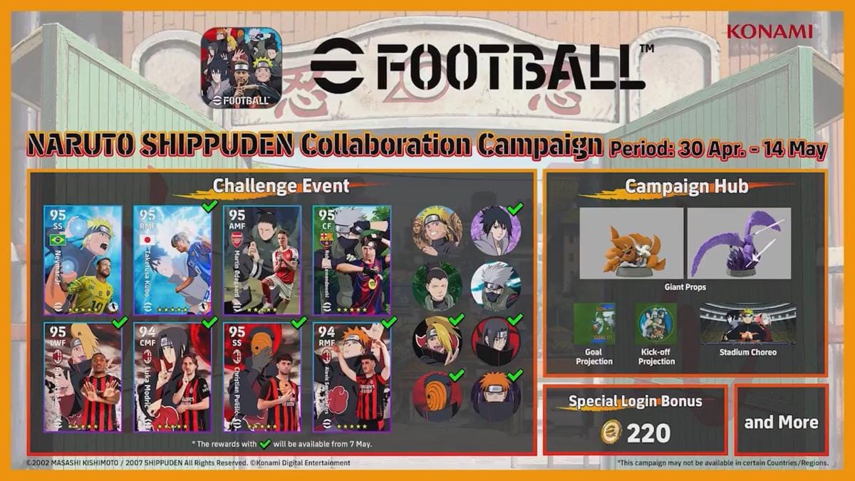 Poster kolaborasi NARUTO Shippuden dan eFootball menampilkan karakter anime serta pemain sepak bola dengan hadiah dan bonus login khusus.