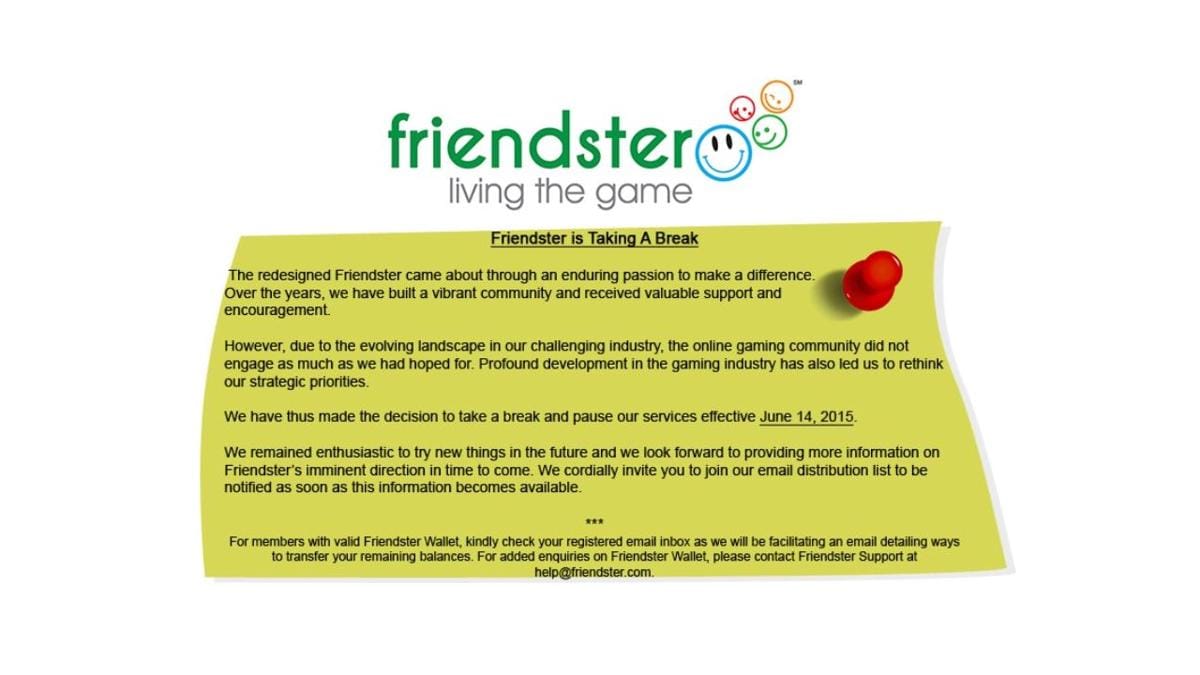 Pengumuman penutupan Friendster. (productmint)