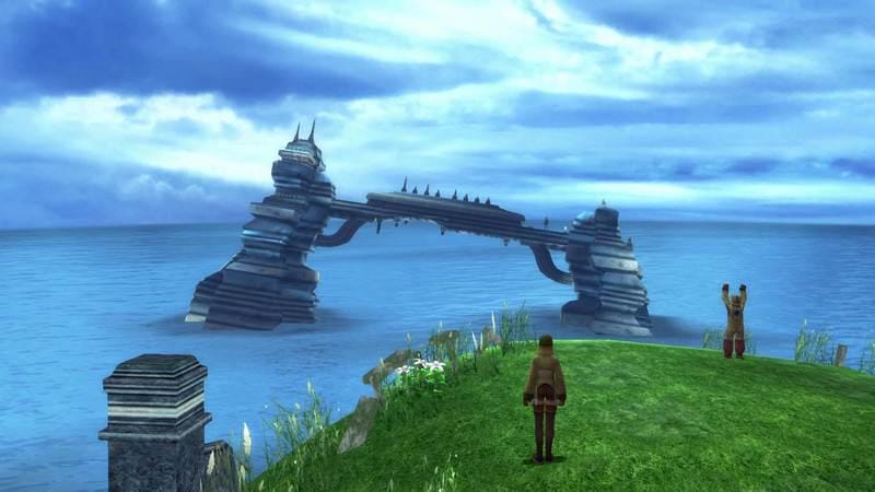 Dua karakter berdiri di tepi padang rumput hijau menghadap laut biru dengan reruntuhan jembatan besar bergaya futuristik di kejauhan.