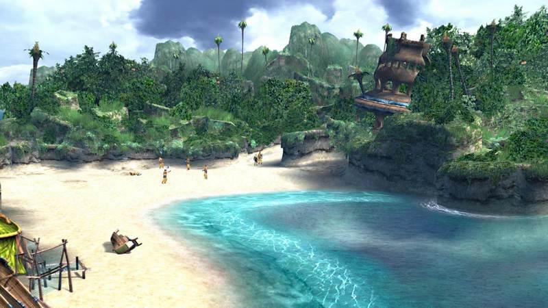 Pemandangan pantai tropis dalam permainan video era 2000-an dengan air laut biru jernih, pasir putih, dan latar hutan hijau lebat.