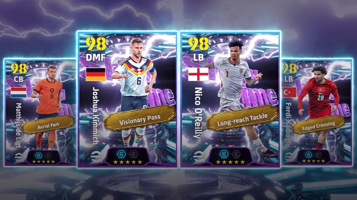 Kartu pemain eFootball dengan rating 98 menampilkan empat pesepak bola dari berbagai negara dengan latar belakang futuristik berwarna ungu.