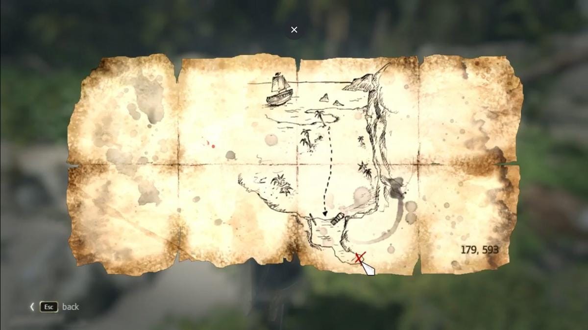 Peta harta karun kuno dari permainan Assassin’s Creed: Black Flag dengan tanda X merah yang menunjukkan lokasi tersembunyi.